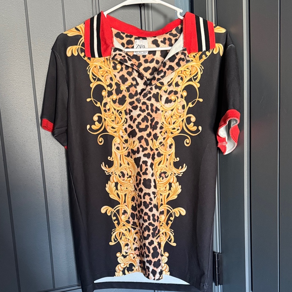 Zara Black Polo with Red Trim, Gold Baroque & Leopard Panel